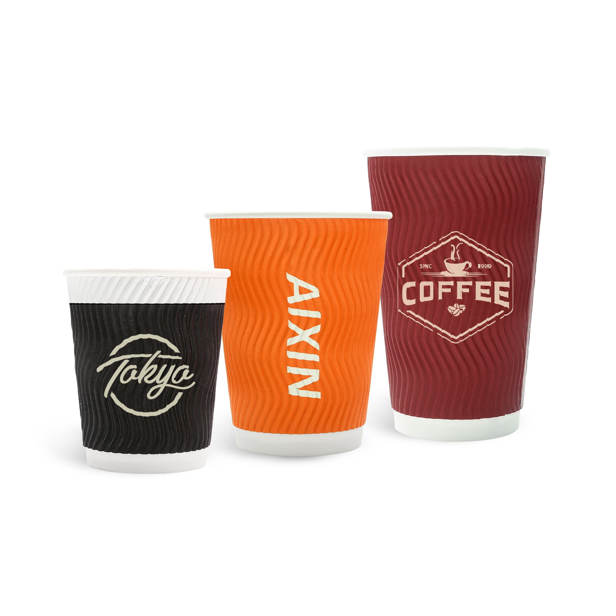 Custom disposable corrugated double wall paper cups in black, orange, and maroon, featuring various designs and a logo. Custom Disposable Corrugated Double Wall Paper Cups - Image 1
