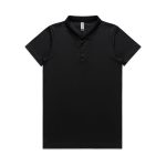 A black polo shirt with a collar, short sleeves, and a button placket. It features a logo on the chest.