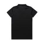 A black work polo shirt with a plain design and a collar, featuring a logo on the back.