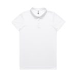 A white polo shirt with a contrasting collar and a logo. Features a classic fit and short sleeves.