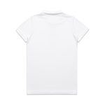 A white polo shirt featuring a classic design and a small logo on the back. Suitable for workwear.