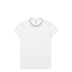 A white polo shirt with a collar and a logo, designed for active workwear.