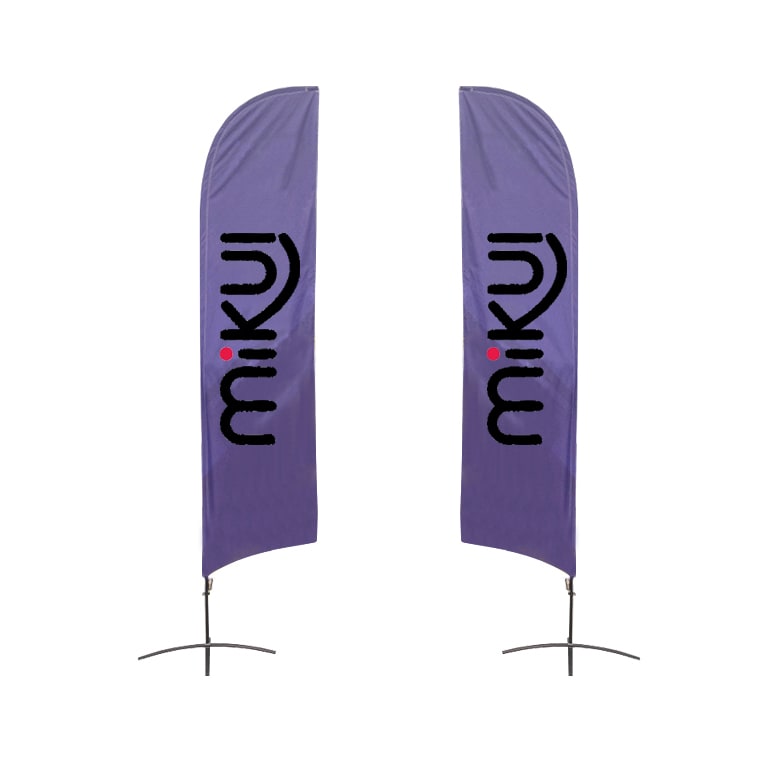 Two large angled feather banners in purple with a logo design. Each banner measures 80.5 x 400 cm. Large(80.5*400cm) Angled Feather Banners 15ft - Image 1