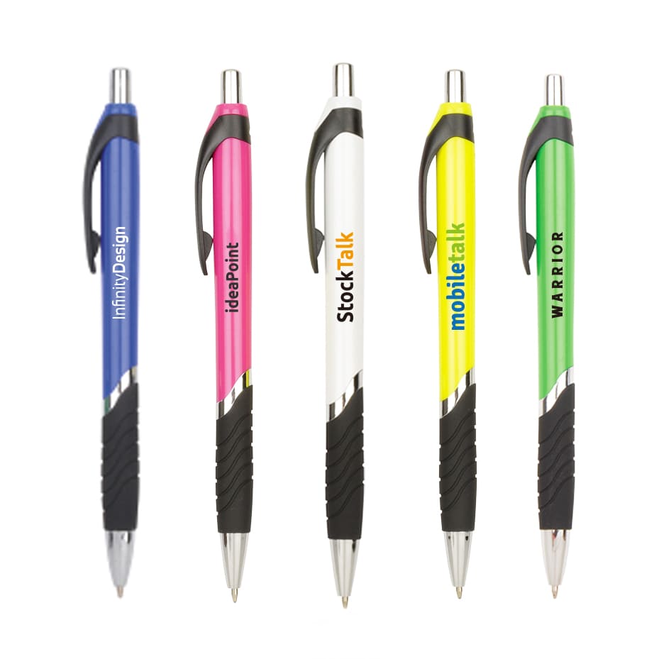 A collection of five coloured barrel ball pens in blue, pink, white, black, and green, featuring various logos. Coloured Barrel Ball Pen - Image 1
