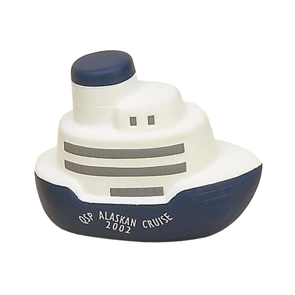A white and navy ship-shaped stress reliever with grey stripes and a branding logo. Ship Shape Stress Reliever - Image 1