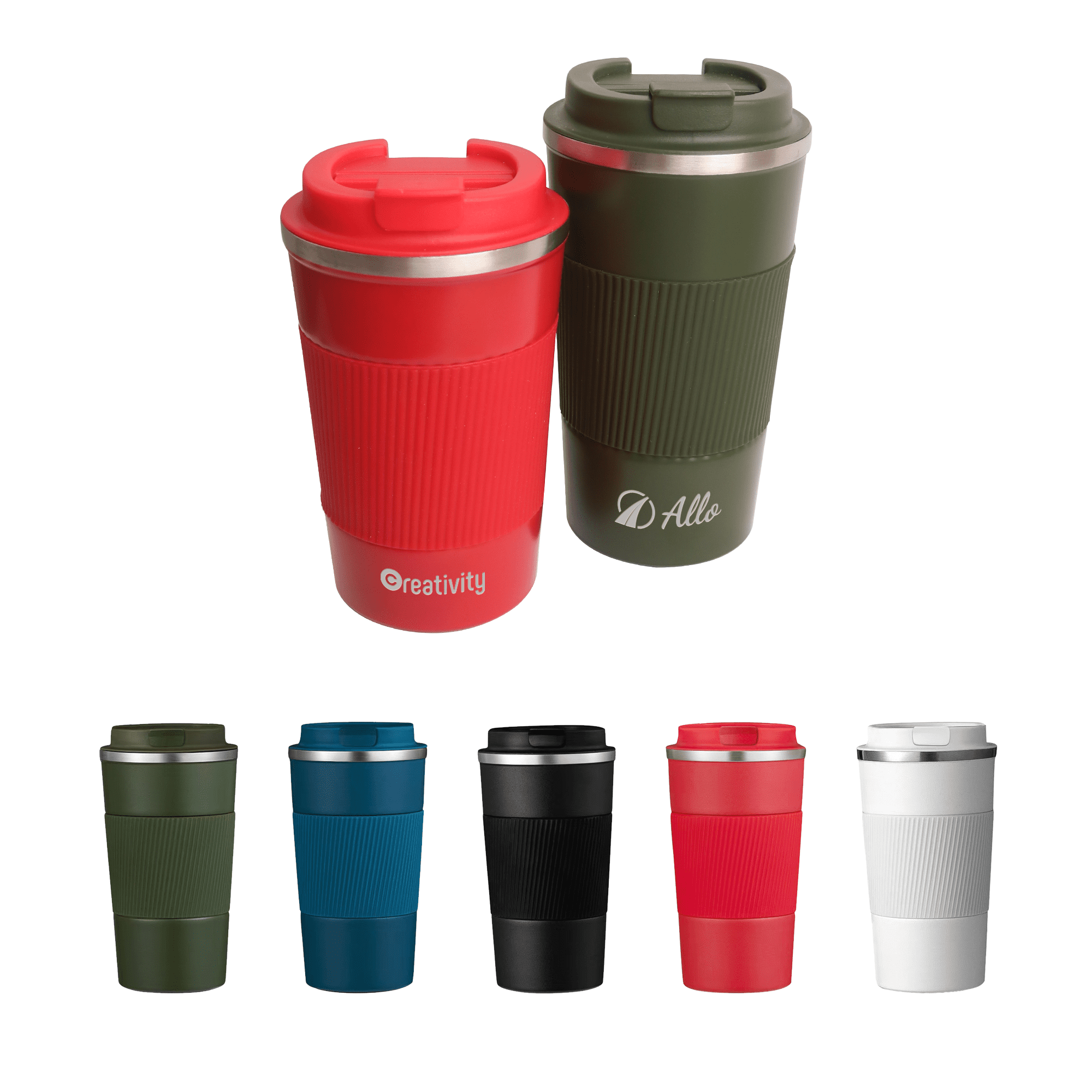 Two stainless steel travel coffee mugs in red and olive green, with ribbed grips and lids. Additional mugs in various colours displayed below. Stainless Steel Travel Coffee Mug - Image 1