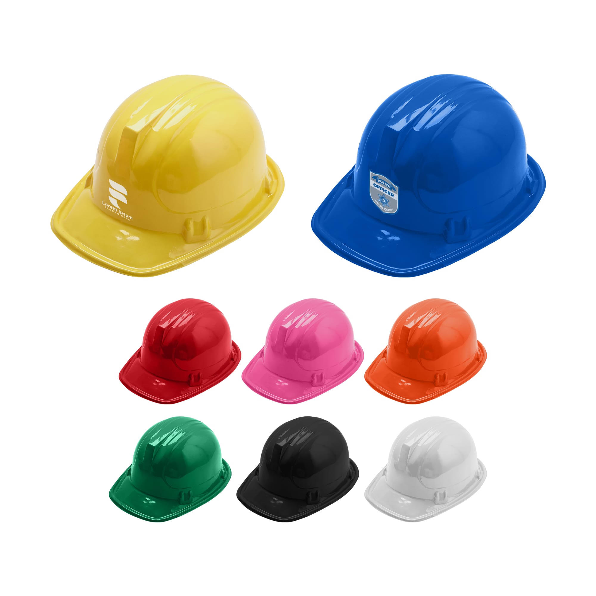 A collection of PVC construction hats in yellow, blue, pink, orange, green, black, and white. Each hat has a shiny finish. PVC Construction Hat - Image 1