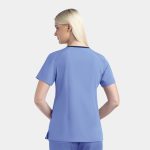 A women's V-neck top in light blue with short sleeves, featuring a contrasting neckline and a slight tail.