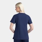 A navy women's v-neck top with short sleeves and a back view, featuring a logo.