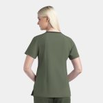 A women's V-neck top in olive green, featuring a contrast trim and short sleeves, with branding present.