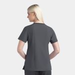 A women's V-neck top in dark grey, featuring short sleeves and a back view. The top has a logo.