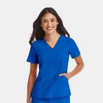 A women's contrast V-neck top in bright blue, featuring short sleeves and a pocket, with a logo on the sleeve.