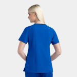 A women's contrast v-neck top in vibrant blue, featuring a simple design and short sleeves, with a logo on the back.
