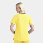 A women's contrast v-neck top in vibrant yellow, featuring short sleeves and a sleek design, with a branding logo.