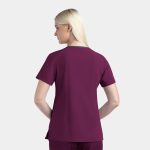 A women's contrast V-neck top in burgundy, featuring a short-sleeve design and a branding logo.