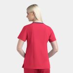 A women's v-neck top in bright red with short sleeves and a contrasting neckline, featuring a logo on the back.