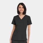 A women's V-neck top in black with short sleeves and a fitted design, featuring a logo.