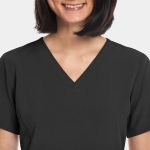 A black women's V-neck top with short sleeves, featuring a simple design and a branding logo.
