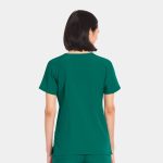 A green women's V-neck top with short sleeves, featuring a simple design and a logo on the back.