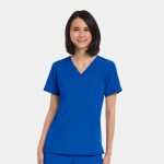 A vibrant blue V-neck top designed for women, featuring short sleeves and a fitted silhouette. Includes a branding logo.