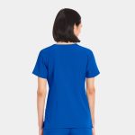 A women's V-neck top in vibrant blue, featuring short sleeves and a simple design. It includes a logo on the back.