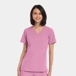 A women's V-neck top in pink with a fitted design and short sleeves, featuring a logo.