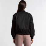 A black varsity bomber jacket with a relaxed fit and ribbed cuffs, showcased from the back.