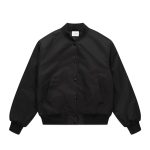 A black varsity bomber jacket featuring a button-down front and ribbed cuffs and hem. It has a logo on the chest.