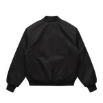 A black varsity jacket with a relaxed fit, featuring a simple design and ribbed cuffs and hem.