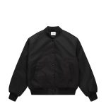 A black varsity bomber jacket featuring a button-down front and two side pockets. It has a logo on the label.
