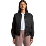 A black varsity bomber jacket with a snap button front, worn by a model. Features a logo on the chest.