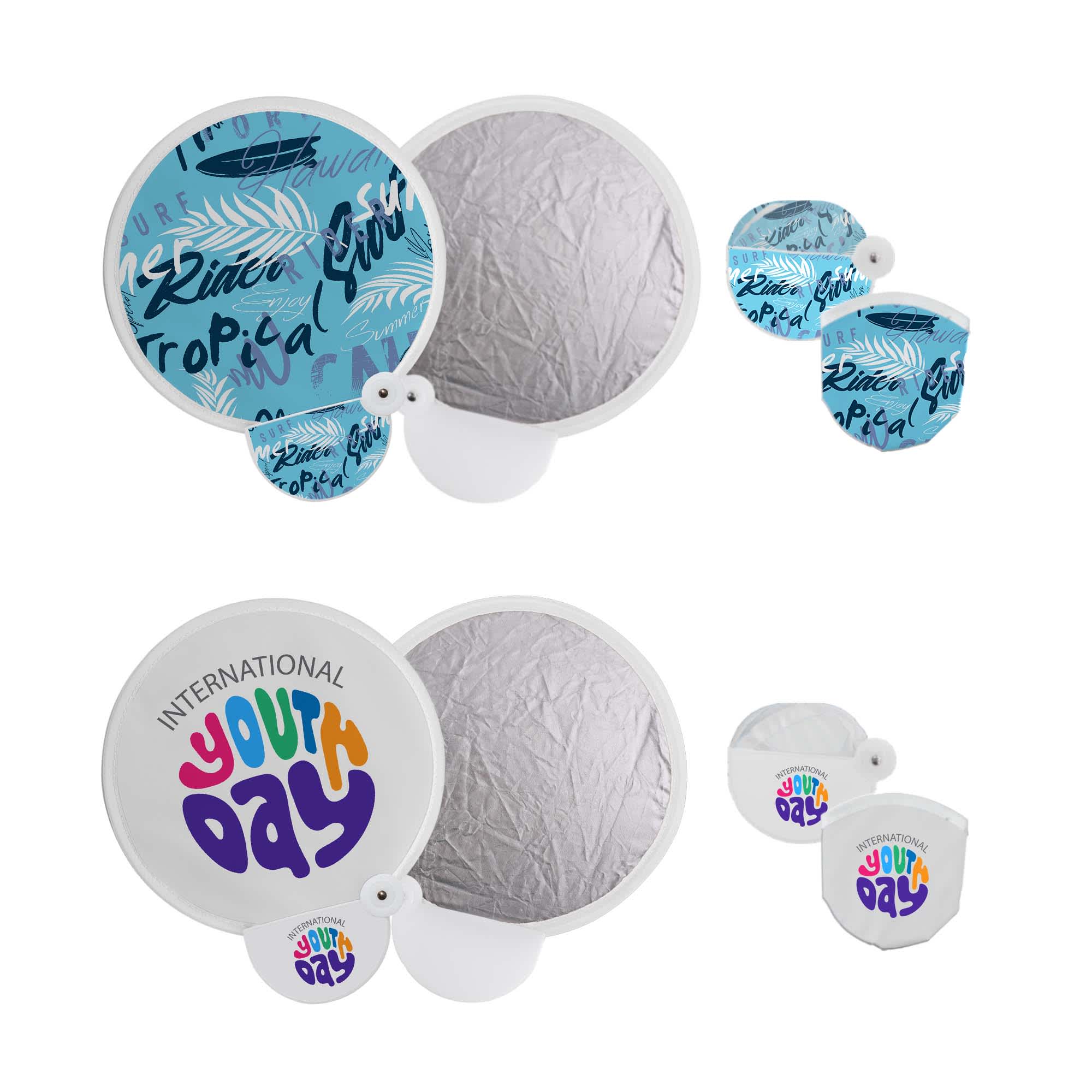 A 20cm foldable reflective fan in blue and white with a design and a logo. It includes a compact, foldable feature. 20cm Foldable Reflective Fan - Image 1