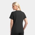 A mock wrap top in black with short sleeves, featuring contrast panels and a branding logo.