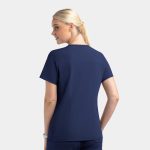 A navy mock wrap top for women, featuring contrast panels and a back view of the design. It includes a logo.