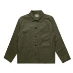 An olive green chore jacket featuring a collared neckline, front pockets, and a button closure. It has a logo.
