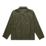 An olive green chore jacket featuring a collared neckline and back pleating. The jacket has a logo.