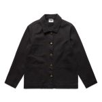 A black canvas chore jacket featuring a collared neckline, front buttons, and multiple pockets. It has a logo on the label.