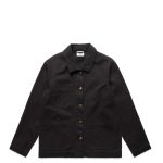 A black canvas chore jacket featuring a collared neckline, front buttons, and two side pockets.