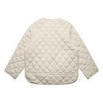 A quilted jacket in a light beige colour with a diamond pattern and a simple, rounded design.