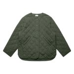 A green quilted jacket with a round neckline, front snap buttons, and side pockets. It has a plain design with branding.