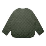 A green quilted jacket with a round neckline and long sleeves, featuring a diamond pattern. It has a logo on the back.