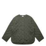 A quilted jacket in olive green featuring a round neckline, button closure, and side pockets. The jacket has a logo.