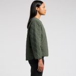 A quilted jacket in olive green, featuring a simple design and a branding logo, viewed from the side.