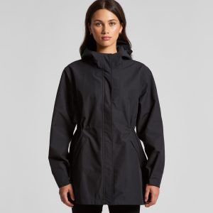 A soft shell jacket in black with a zippered front, adjustable waist, and a hood, featuring a logo.