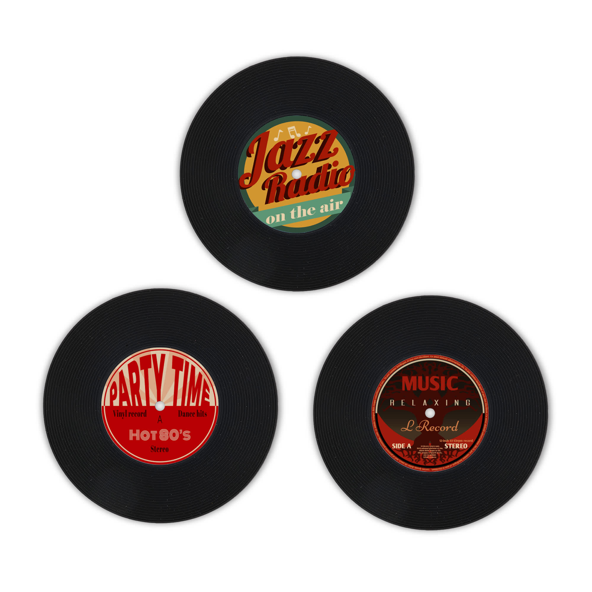 Three circular coasters resembling vinyl records, featuring colourful labels in red, green, and yellow on a black background. Custom Record Coaster - Image 1