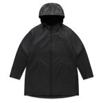 A black rain jacket with a hood, featuring a zip closure and side pockets, and includes a logo.