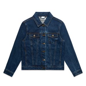 A denim jacket in a deep blue shade featuring a classic collar, front pockets, and button closure. It has a logo.