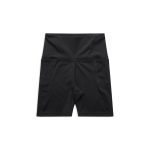 Black active bike shorts with a high waistband and side pockets, featuring a logo.