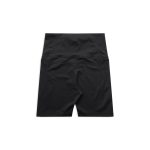 Black active bike shorts with a fitted design, featuring a logo and structured waistline.