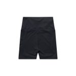 Black active bike shorts with a high waistband and two back pockets. Features a logo.